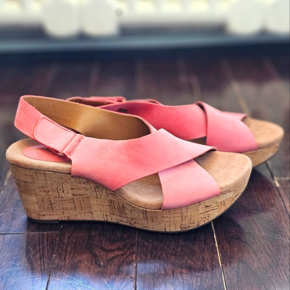 Sz 10 Clarks Nubuck Leather Coral Pink Wedge Cork Platform Sandals Caslynn Shae